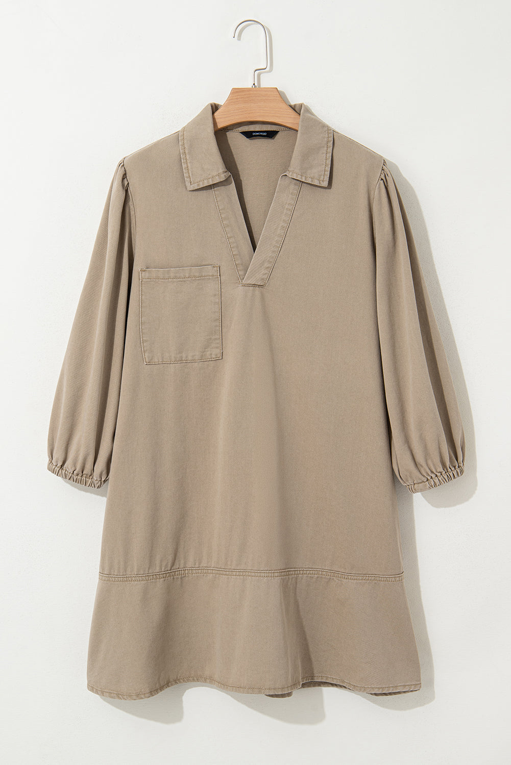 Khaki V Neck Collared Single Chest Pocket Long Sleeve Denim Dress