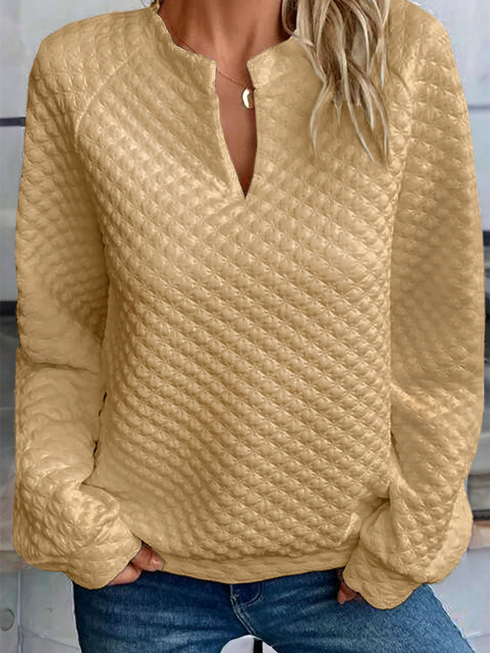 Khaki Textured Split Neck Quilted Top