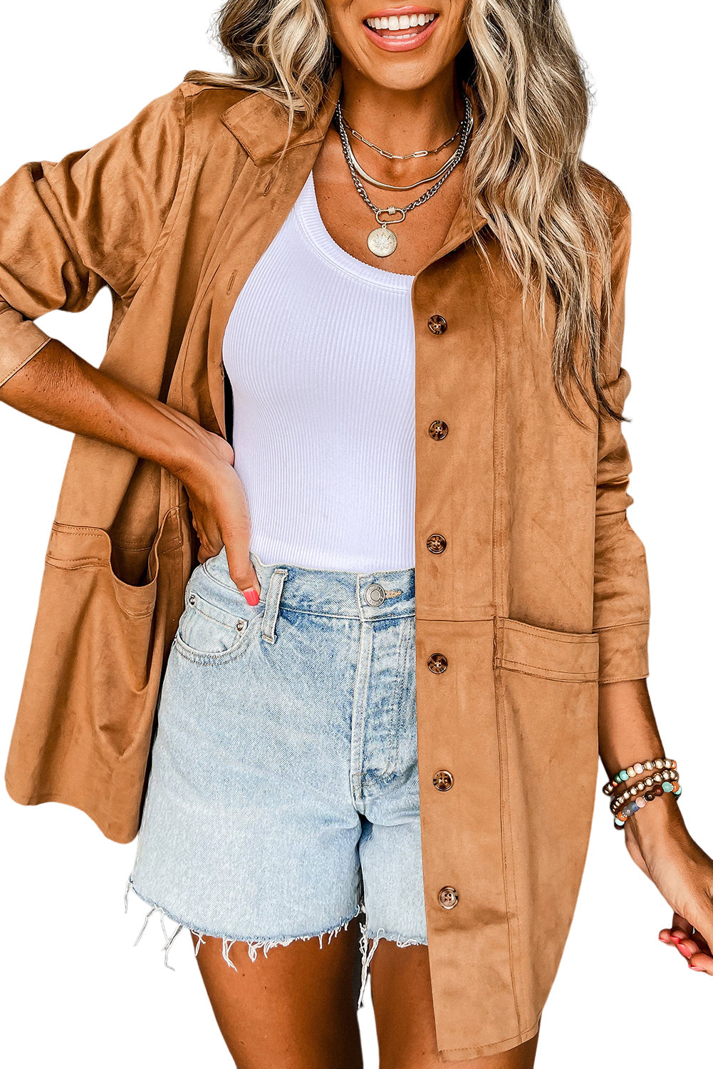 Faux Suede Camel Button-Up Jacket with Southern Belle Style