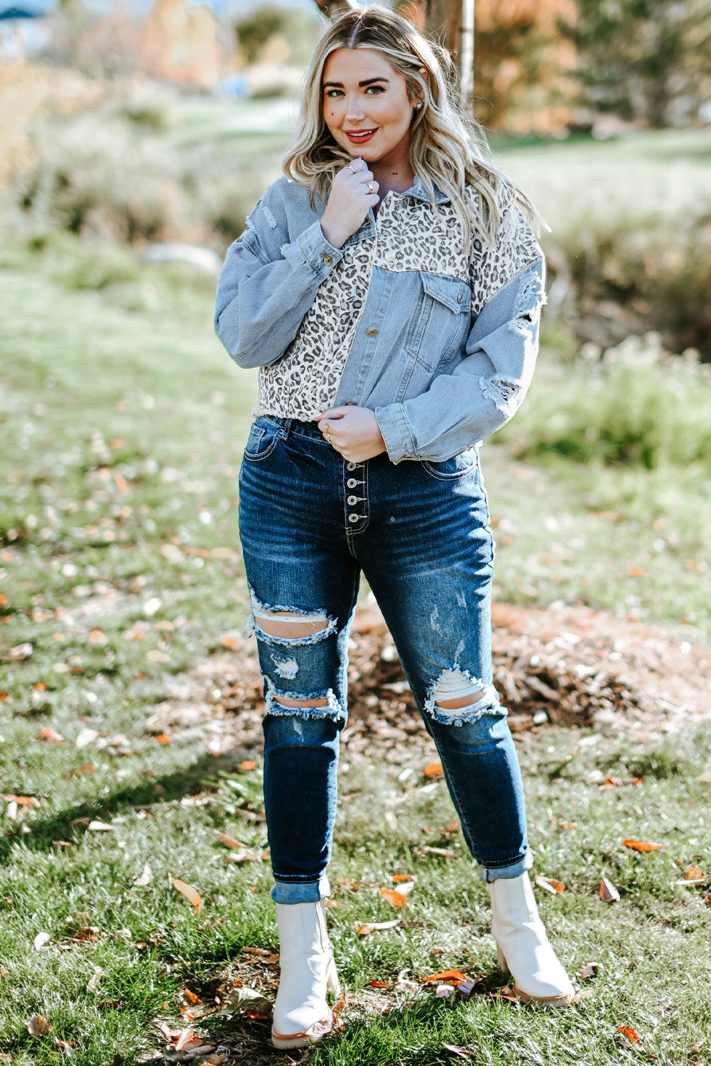 Leopard Patchwork Blue Denim Jacket for Curvy Fashionistas