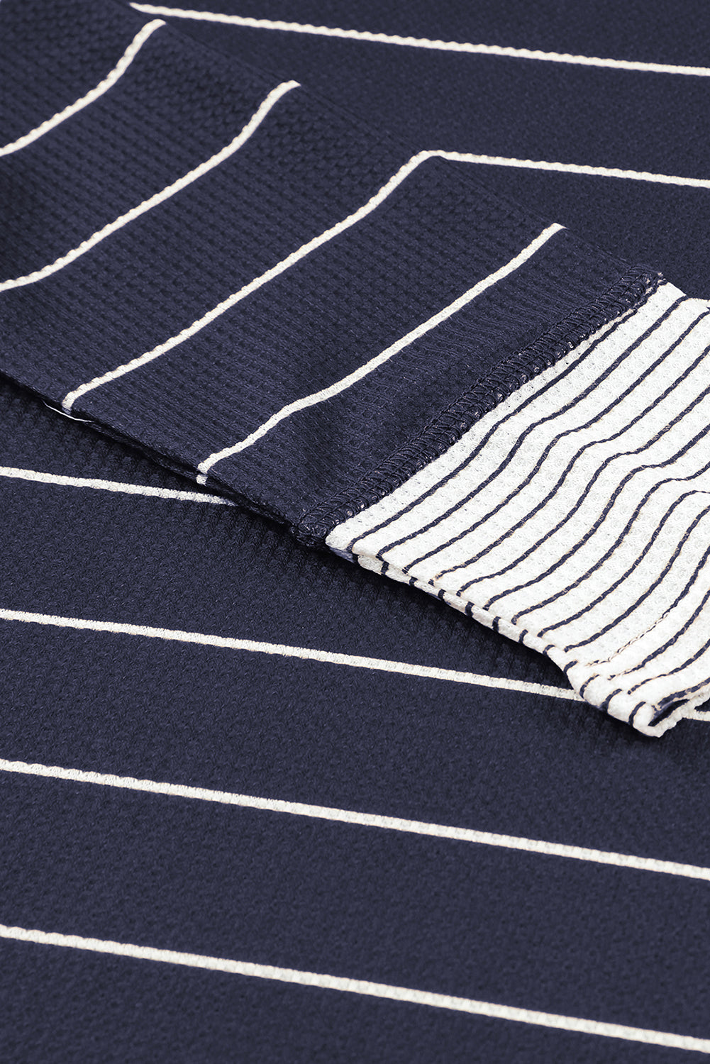 Navy Blue Striped Color Block Buttoned Waffle Knit Shirt