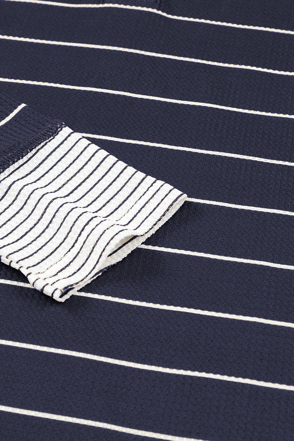 Navy Blue Striped Color Block Buttoned Waffle Knit Shirt