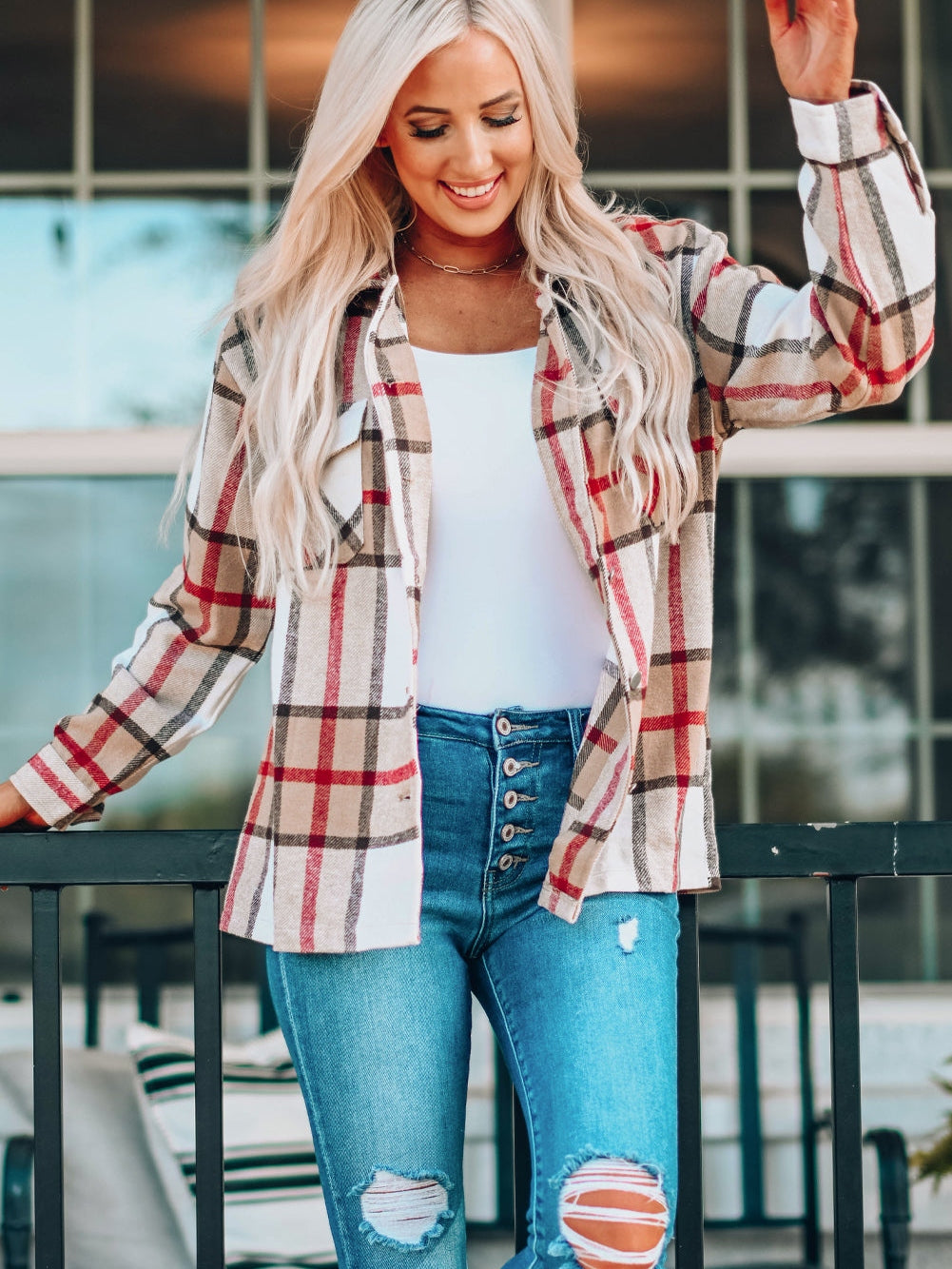 Khaki Plaid Print Sheath Button-Up Coat with Pockets