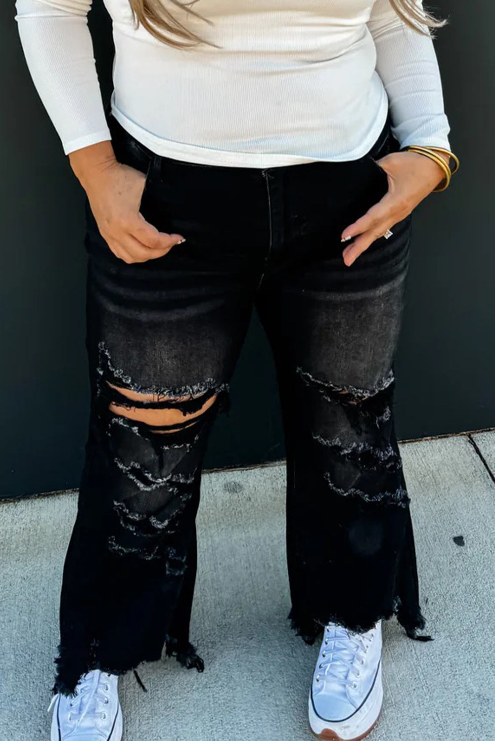 Black Asymmetric Distressed Raw Hem Cowgirl Jeans