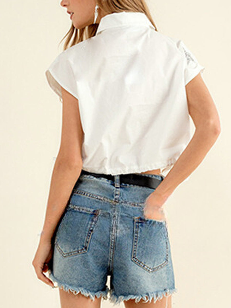 Blouses - Lapel Casual Stylish Loose Print Drawstring Blouse - MsDressly