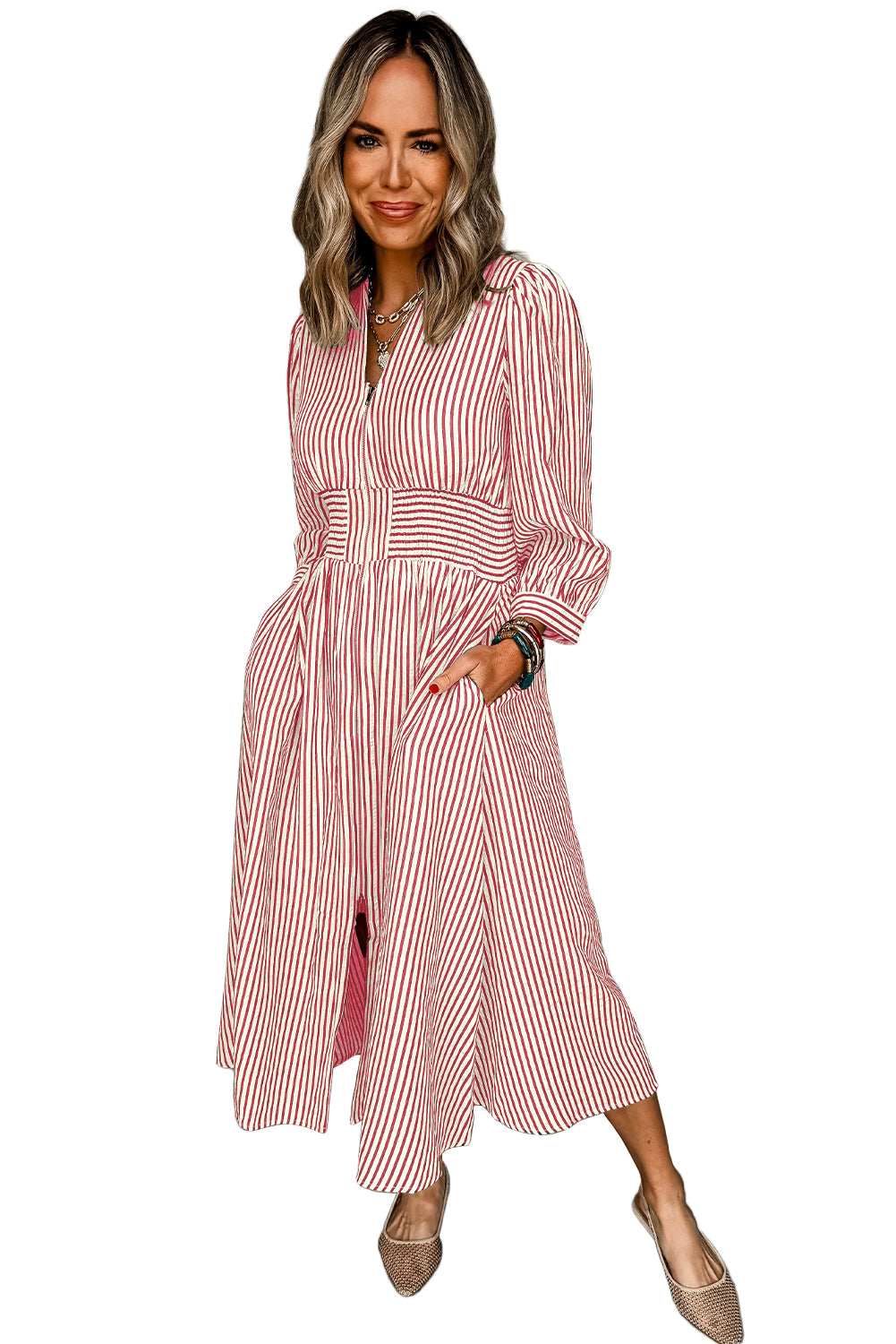 Red Stripe V Neck Zip Front Cinched High Waist Midi Dress