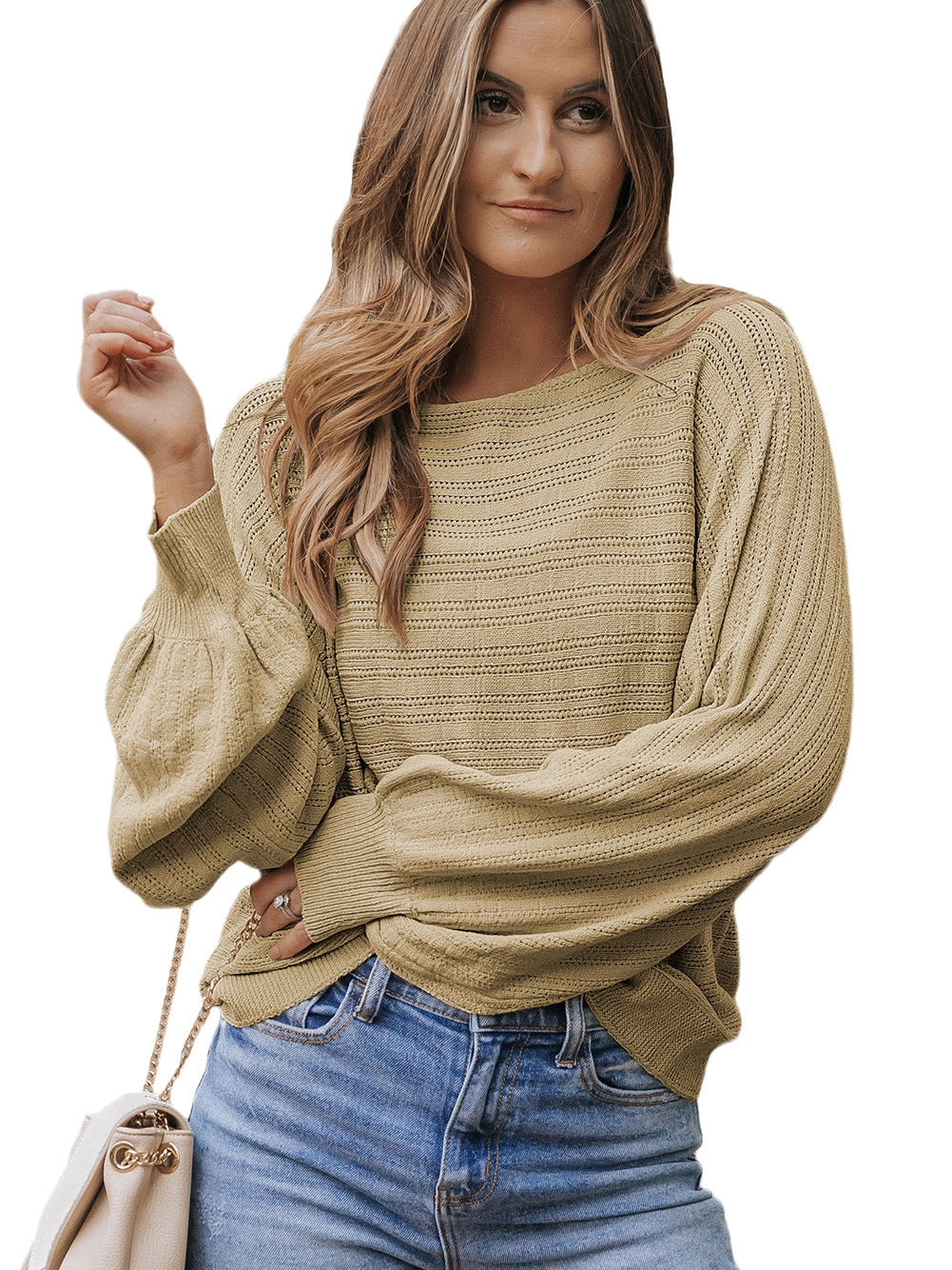 Apricot Eyelets Textured Lantern Sleeve Knit Jumper