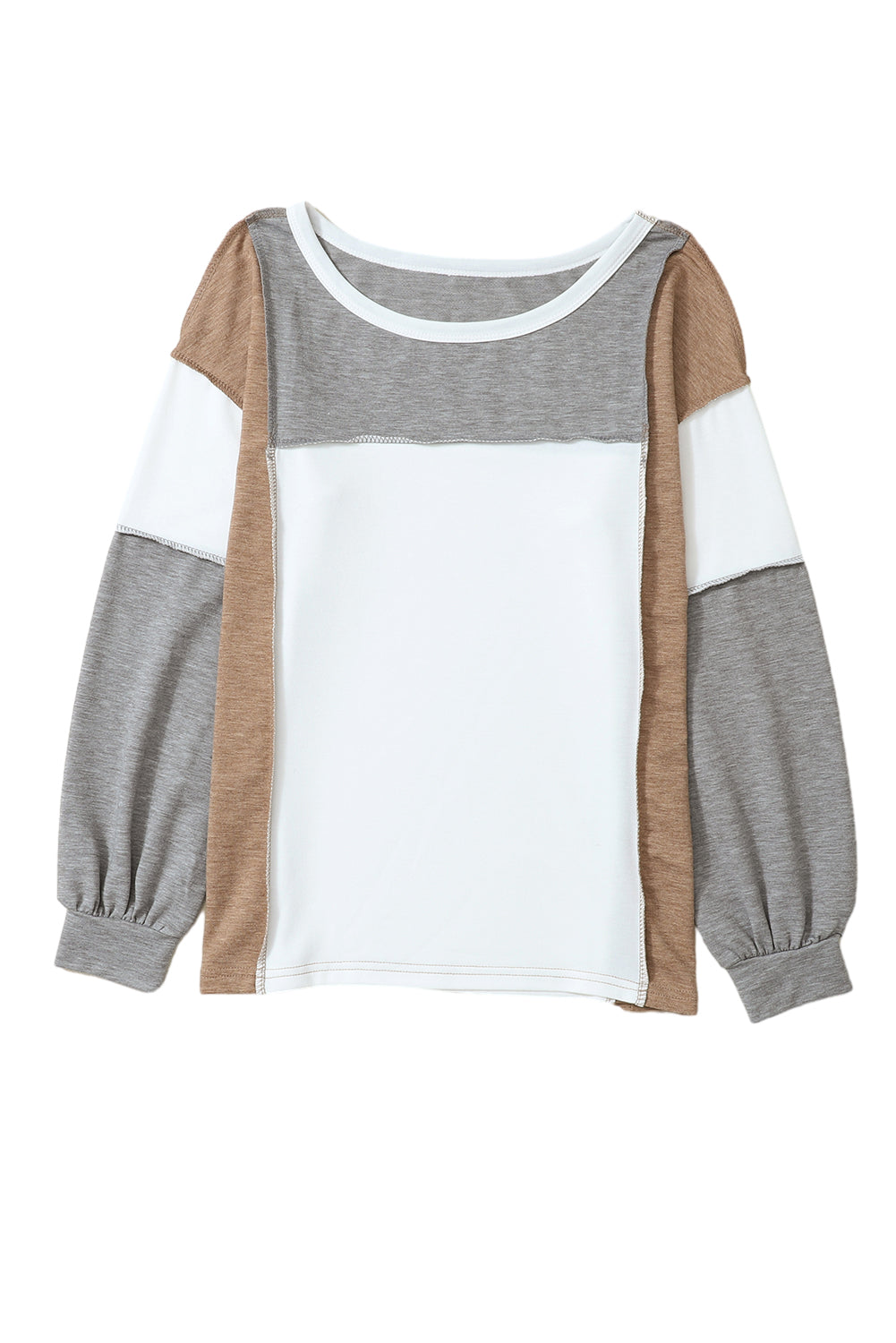 Grey Color Block Patchwork Knit Sweater with Exposed Seam Detail
