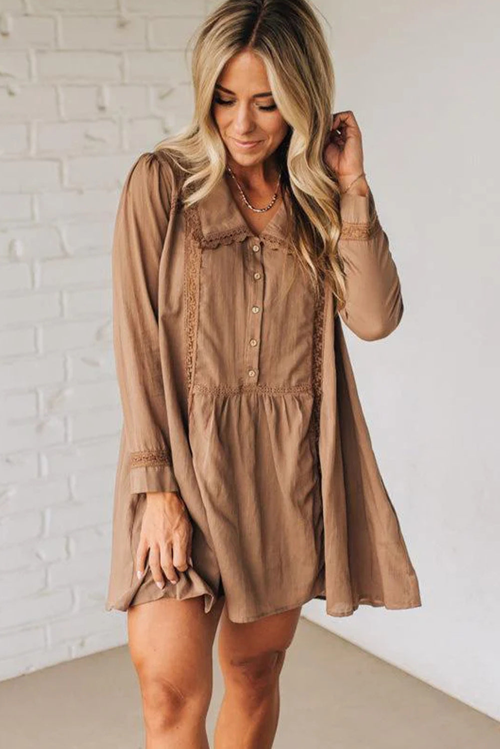 Straw Yellow Lace Trim Peter Pan Collar Long Sleeve Mini Shirt Dress