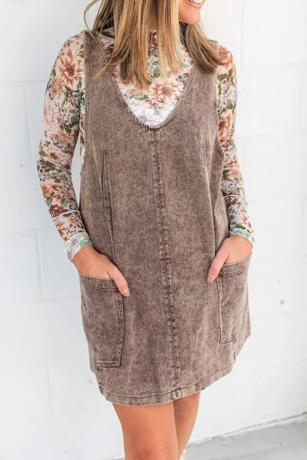 Goat Vintage Washed Denim V Neck Suspender Mini Dress