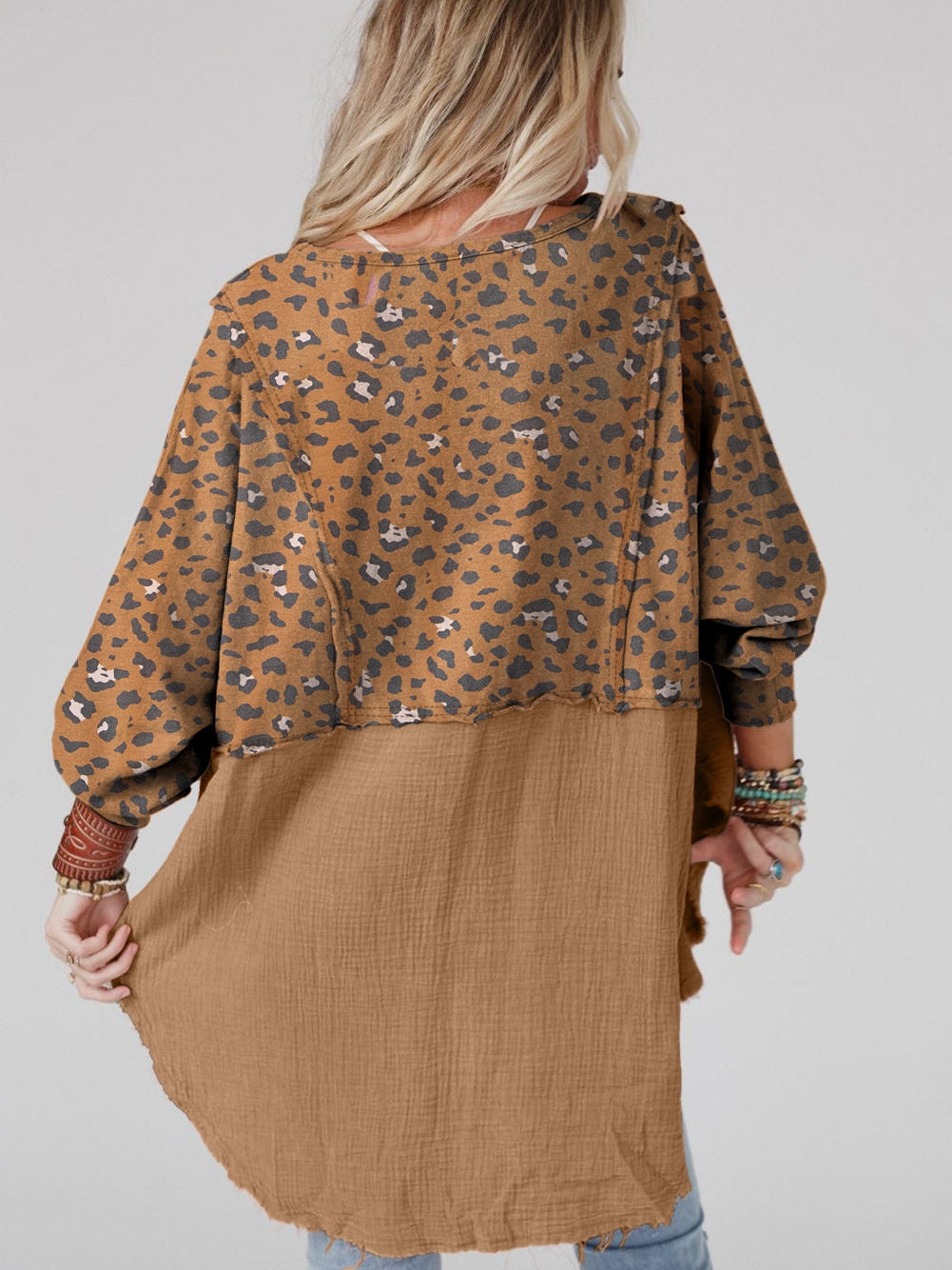Leopard Patchwork Oversized Brown Blouse with Raw Hem