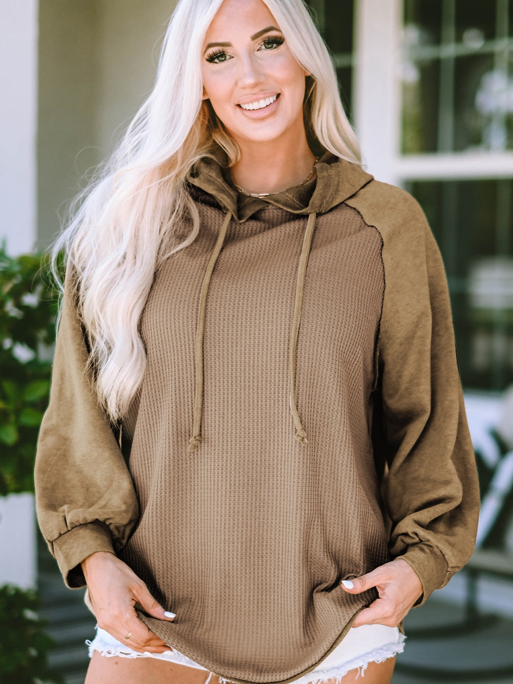 Khaki Exposed Seam Waffle Knit Hoodie with Adjustable Drawstring