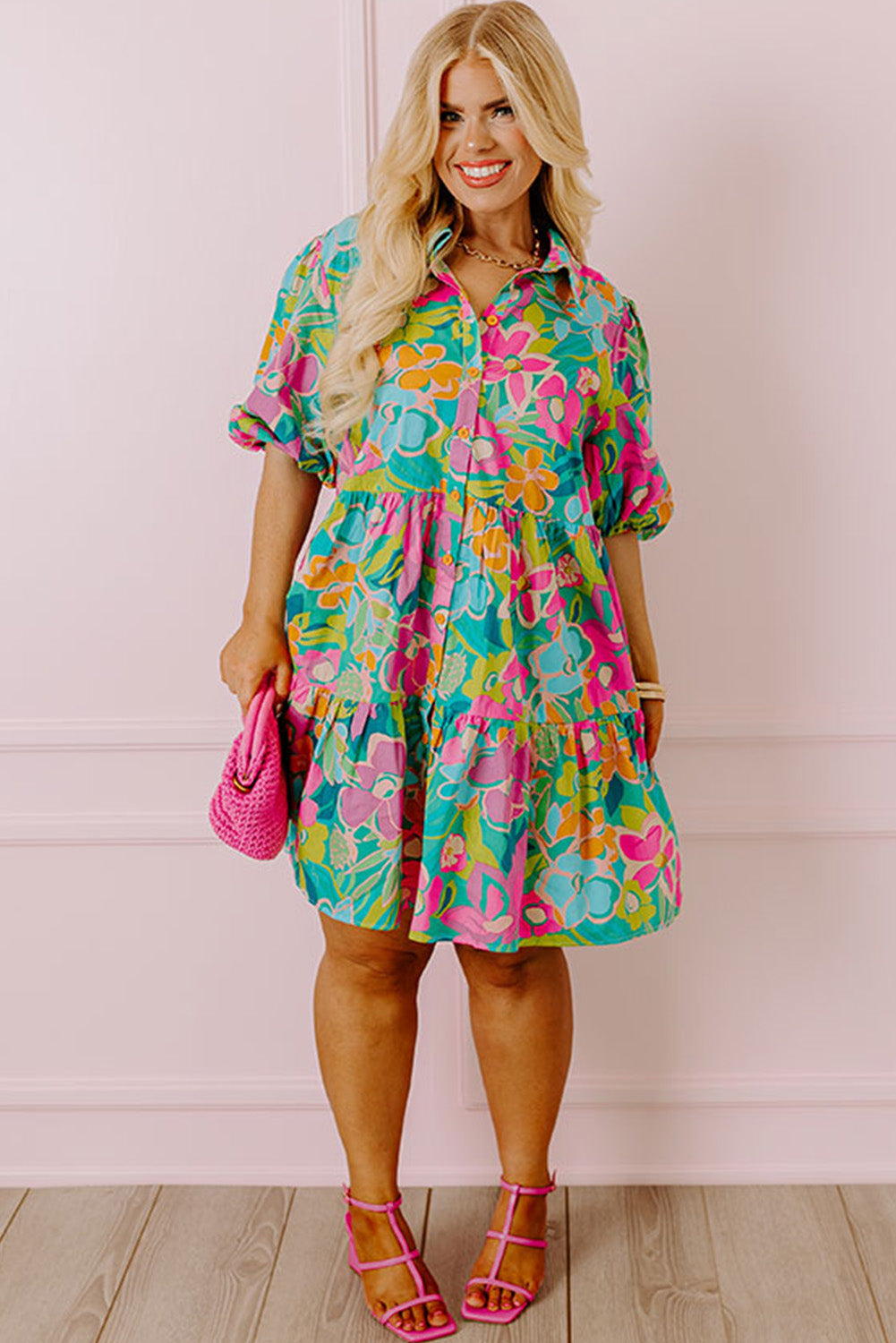 Green Floral Print Tiered Shirt Dress with Puff Sleeves