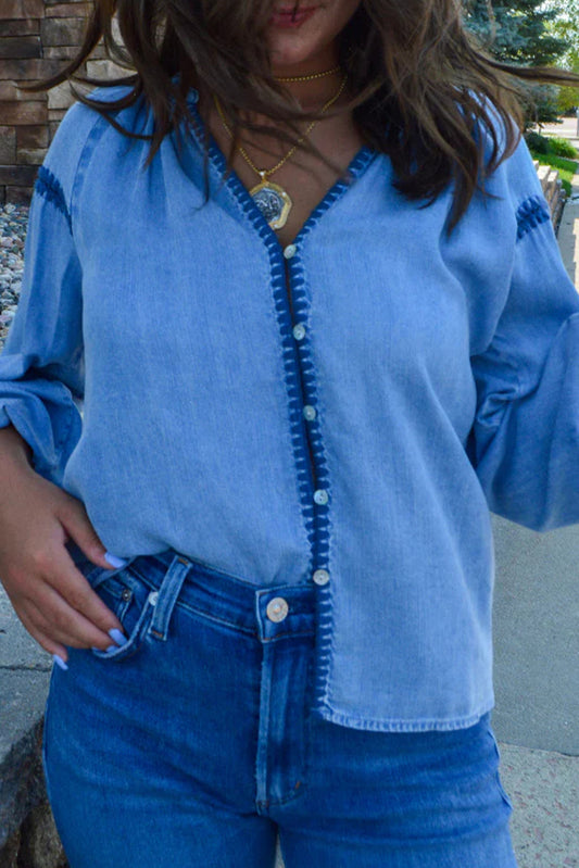 Beau Blue Stitched Detail V Neck Button Down Long Sleeve Chambray Shirt