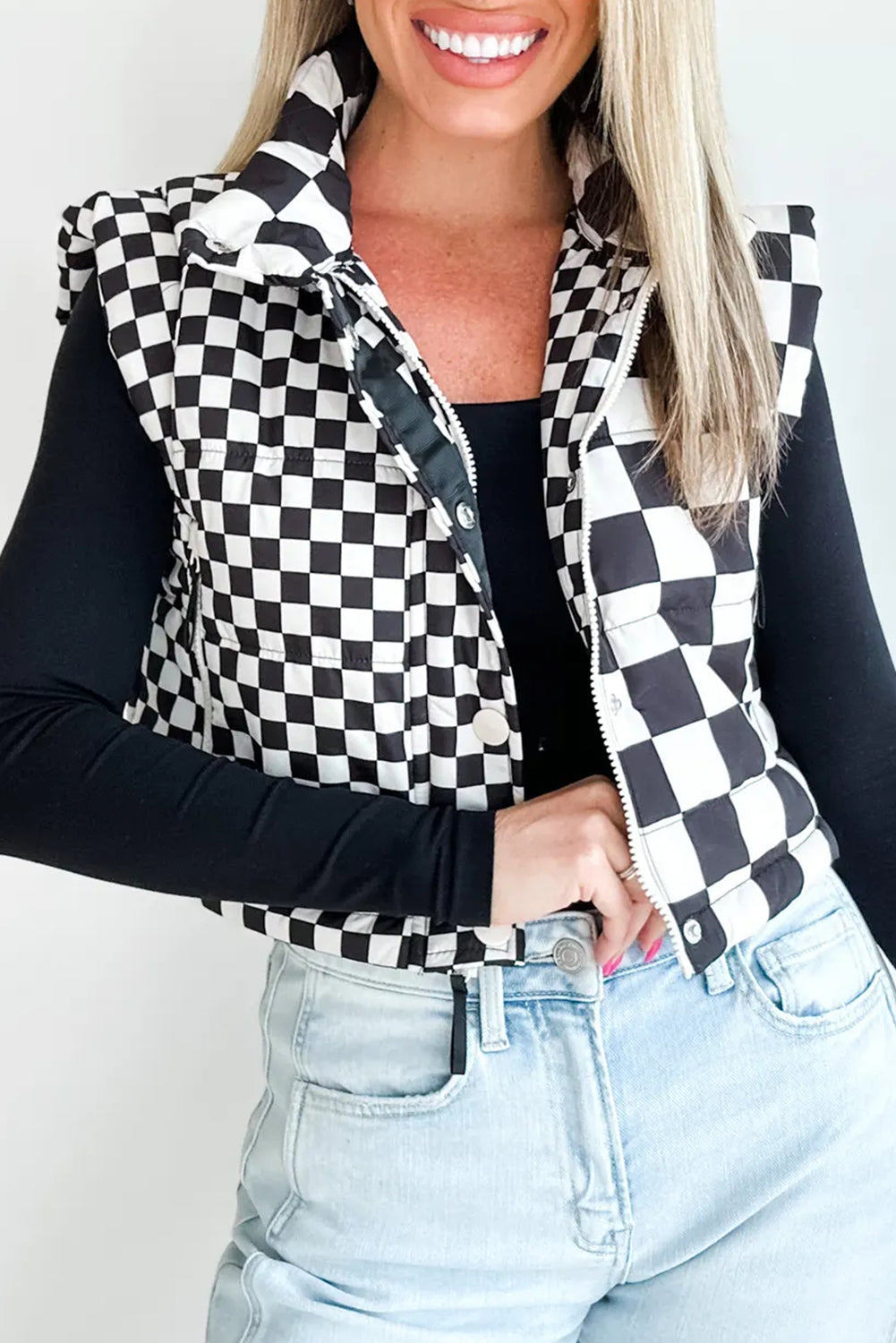 Black Mixed Checkerboard Stitched Zip Up Stand Neck Snap Button Vest
