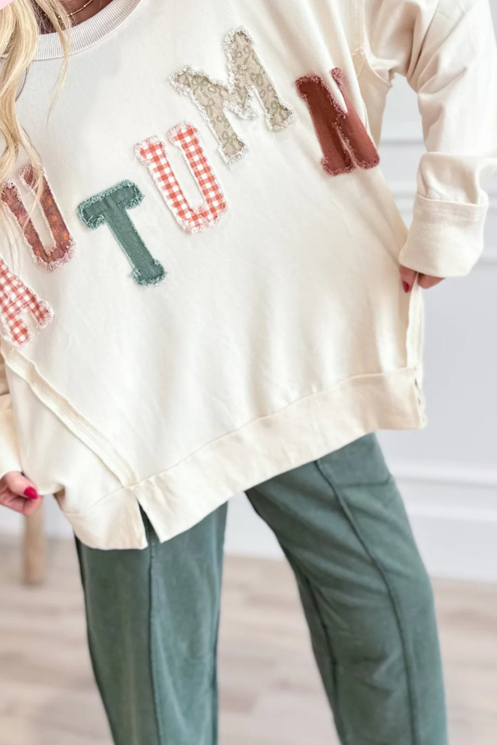 Beige AUTUMN Patched Letter Graphic Pullover Casual Sweatshirt