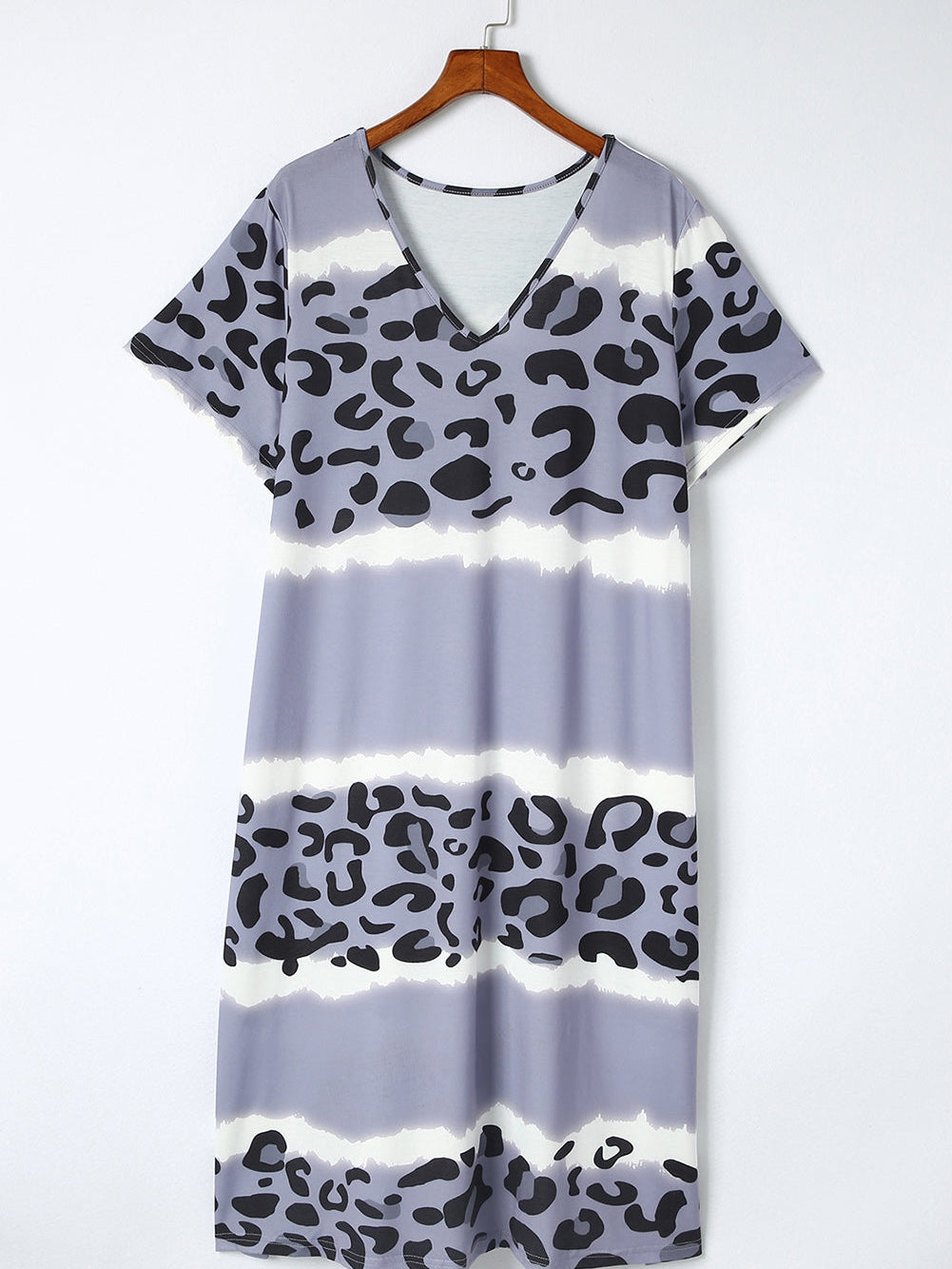 Leopard Color Block V Neck Plus Size T Shirt Dress