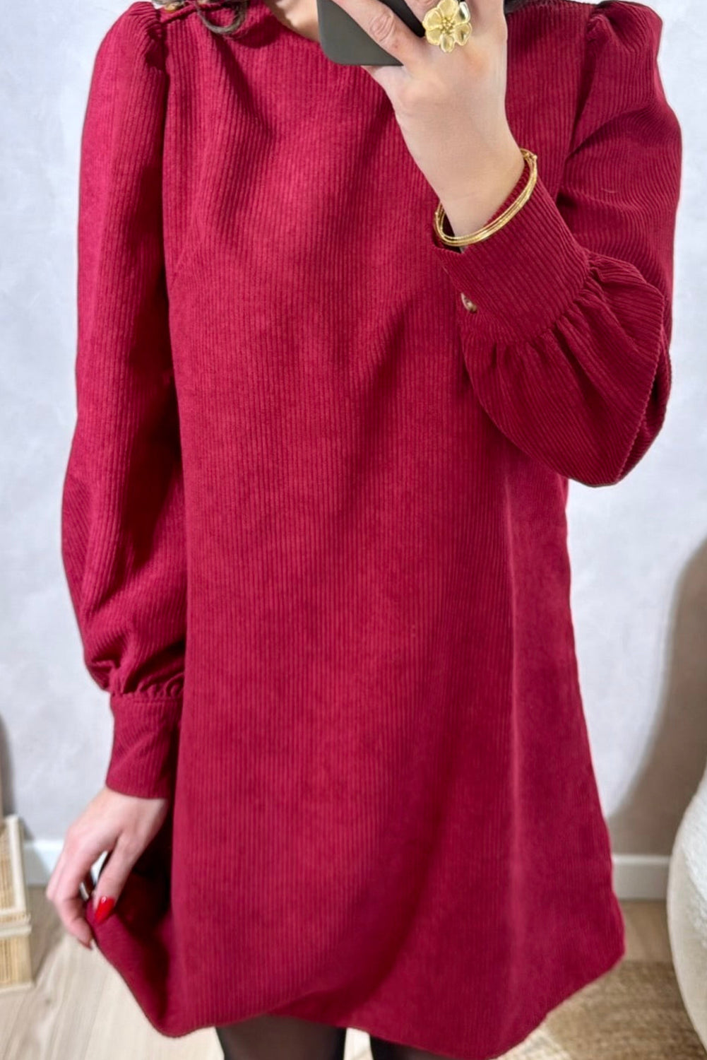 Racing Red Solid Color Button Cuffed Long Sleeve Corduroy Mini Dress