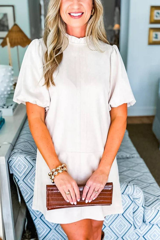 White Frilled Round Neck Short Puff Sleeve Shift Mini Dress