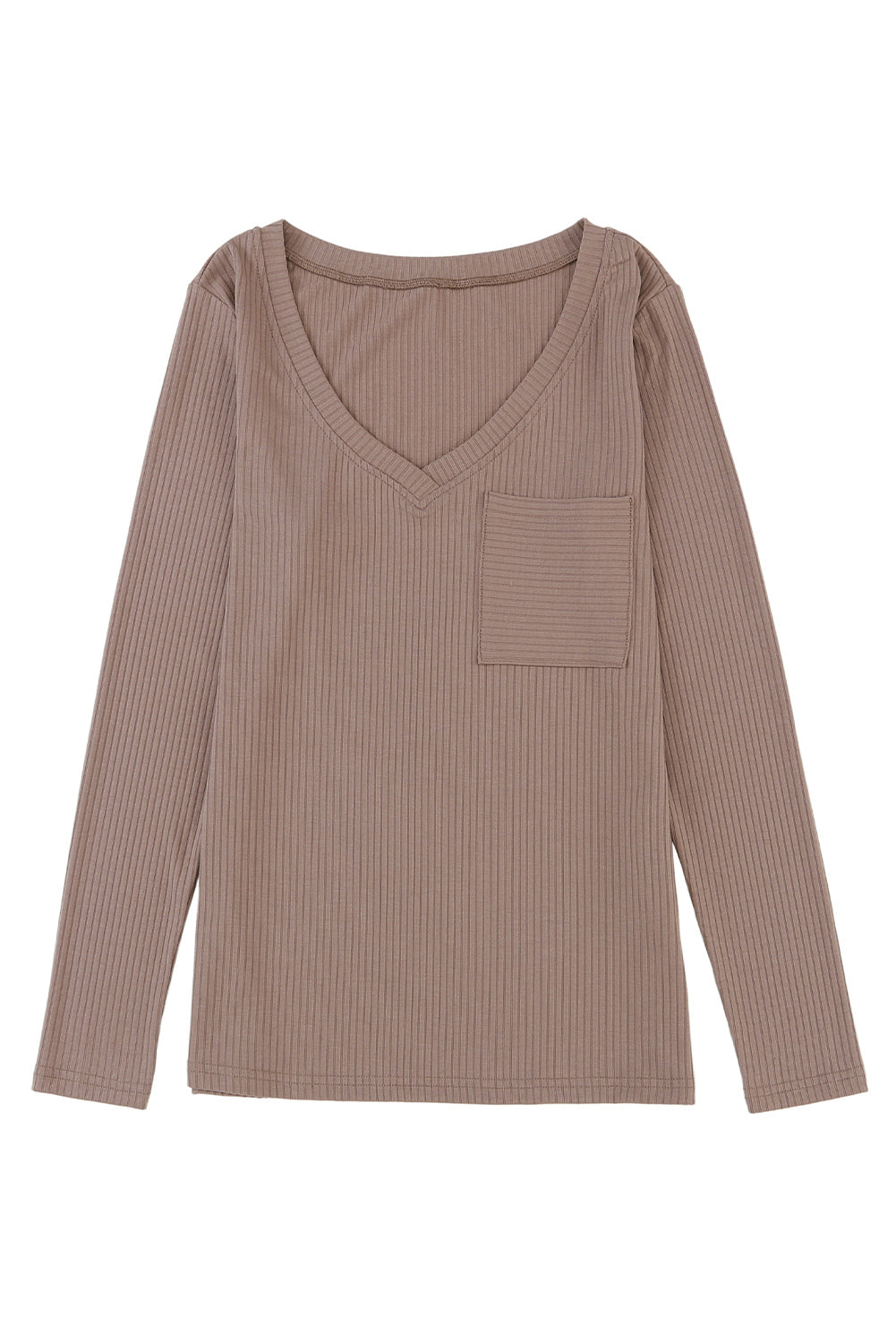 Khaki Ribbed V Neck Top with Chest Pocket