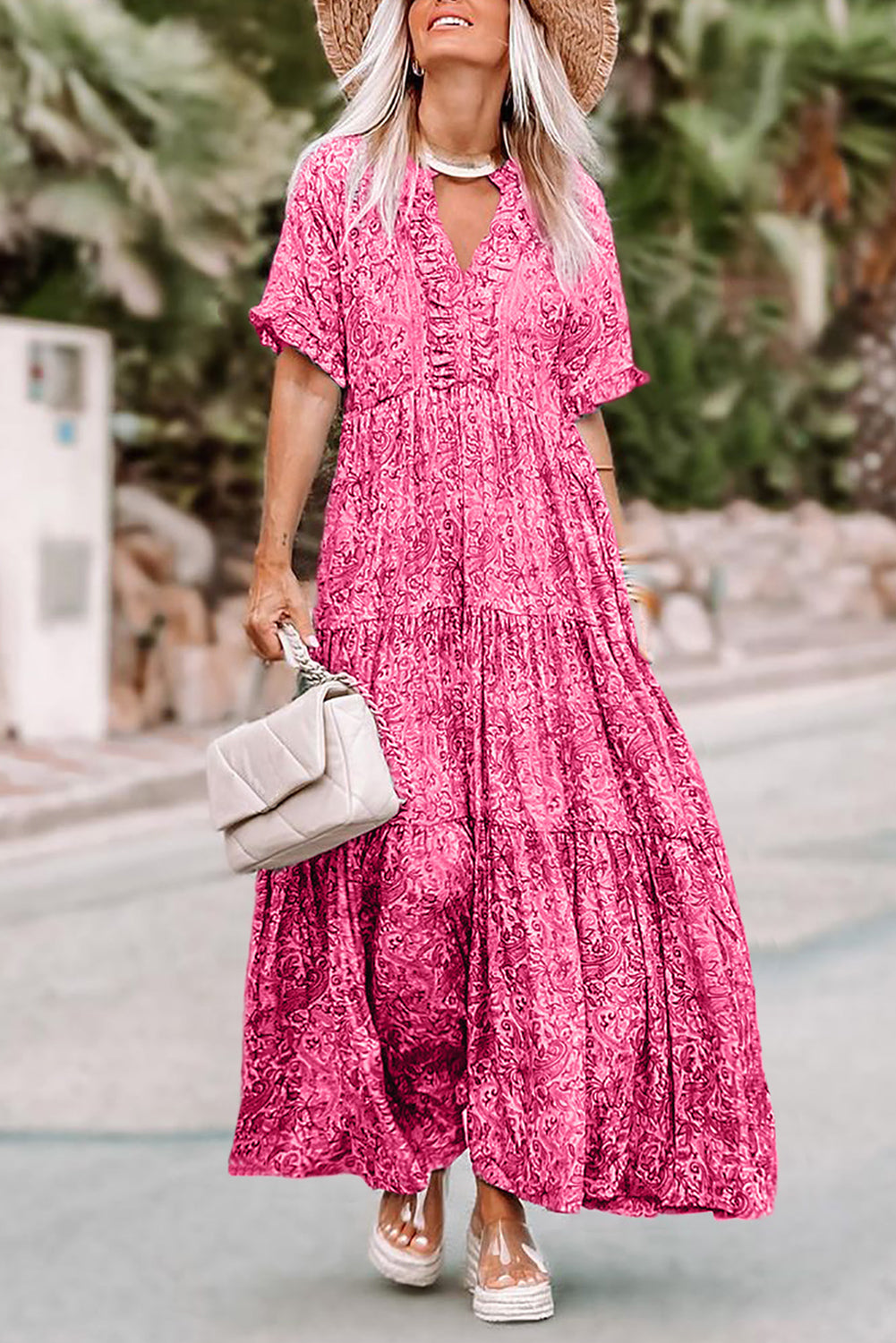 Mid-sleeve V-neck Bohemian Long Dress