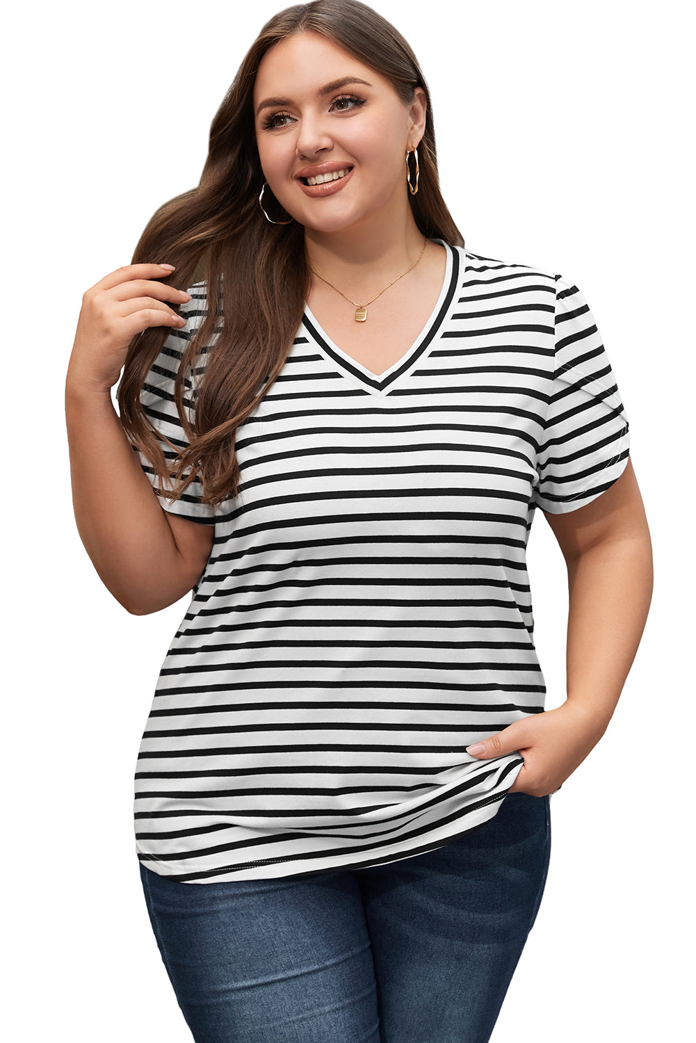 Elegant White Striped V Neck Petal Sleeve Plus Size Tee