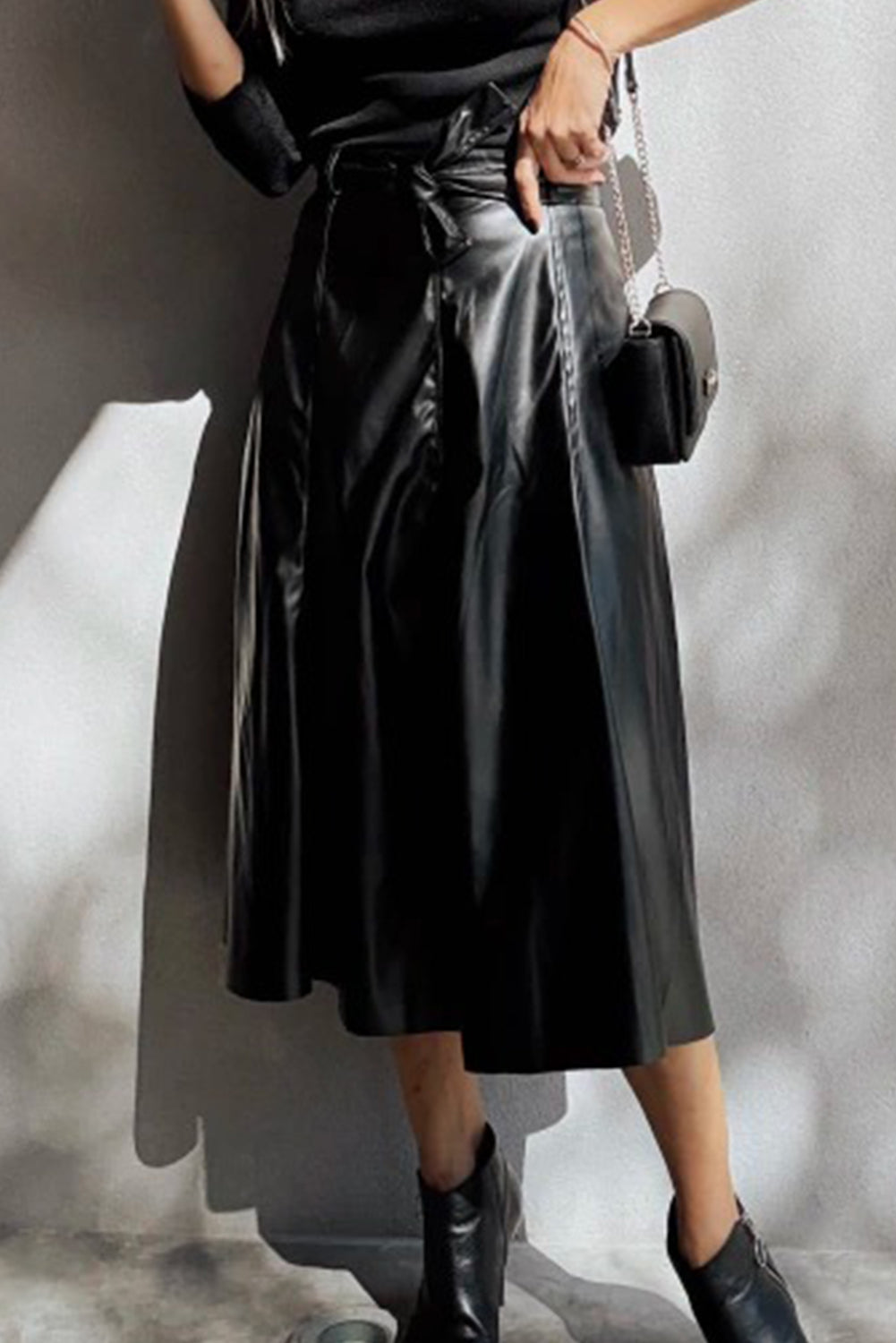 Black Faux Leather Belted Midi Skirt