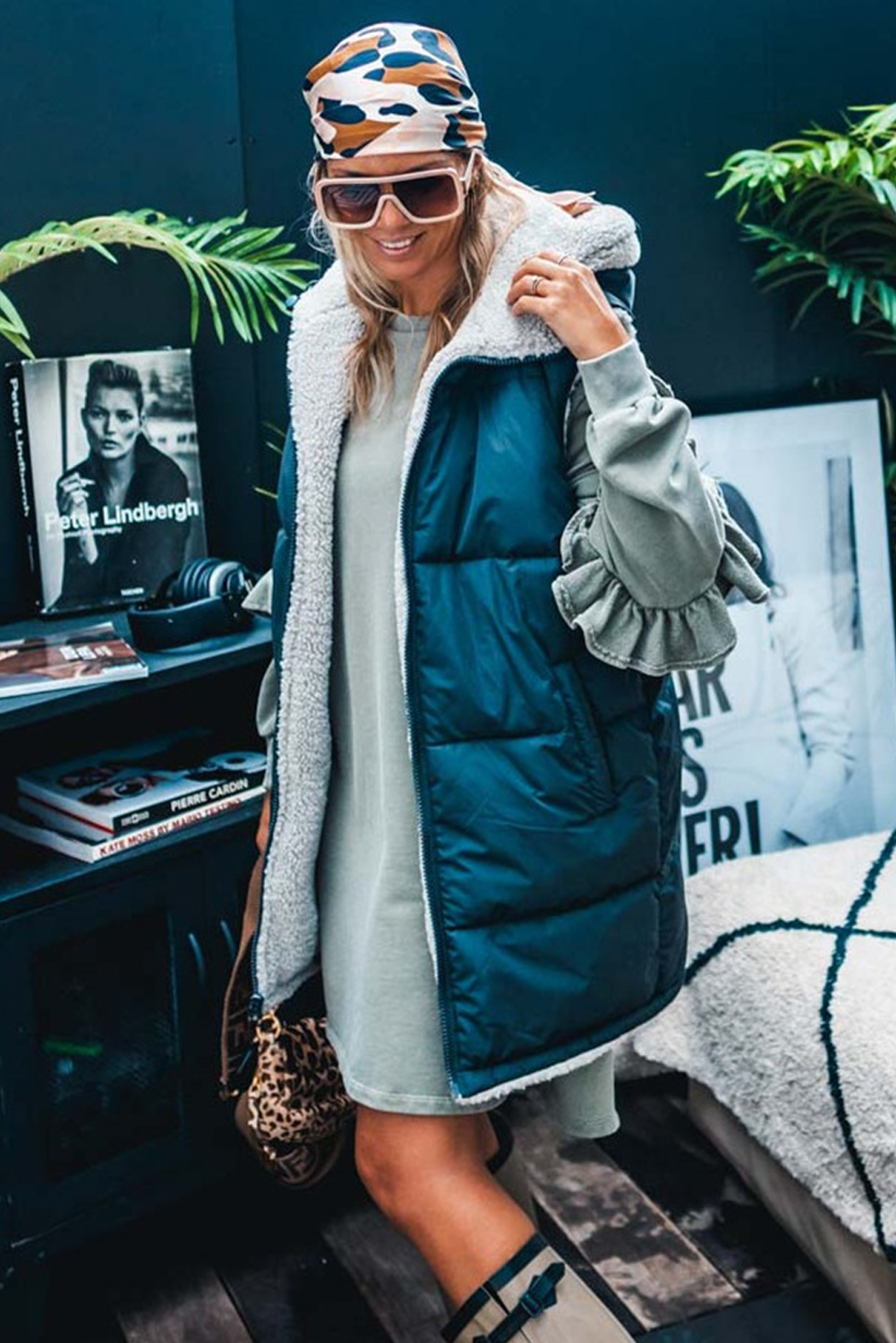 Haze Blue Ruffled Shift Knit Long Sleeve Mini Dress