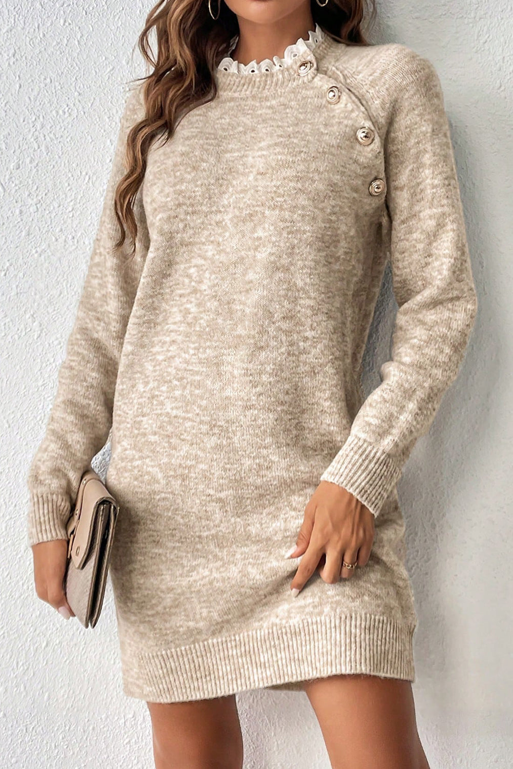 Parchment Button Lace Detail Raglan Sleeve Shift Mini Sweater Dress