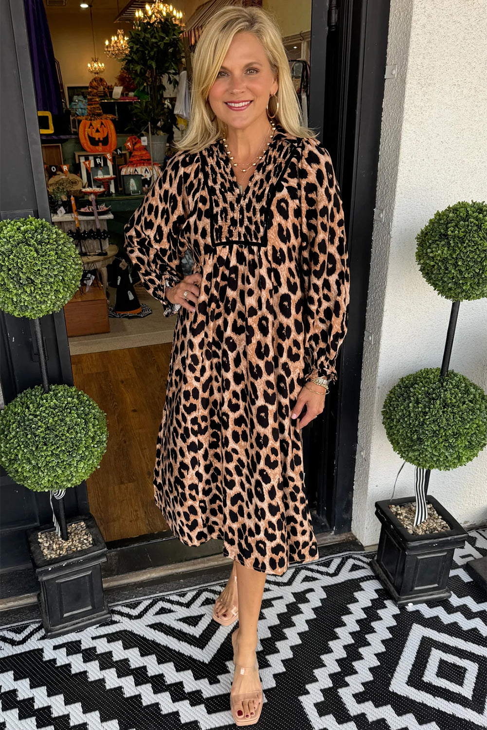 Brown Leopard Print Smocked Front Flowy Midi Dress