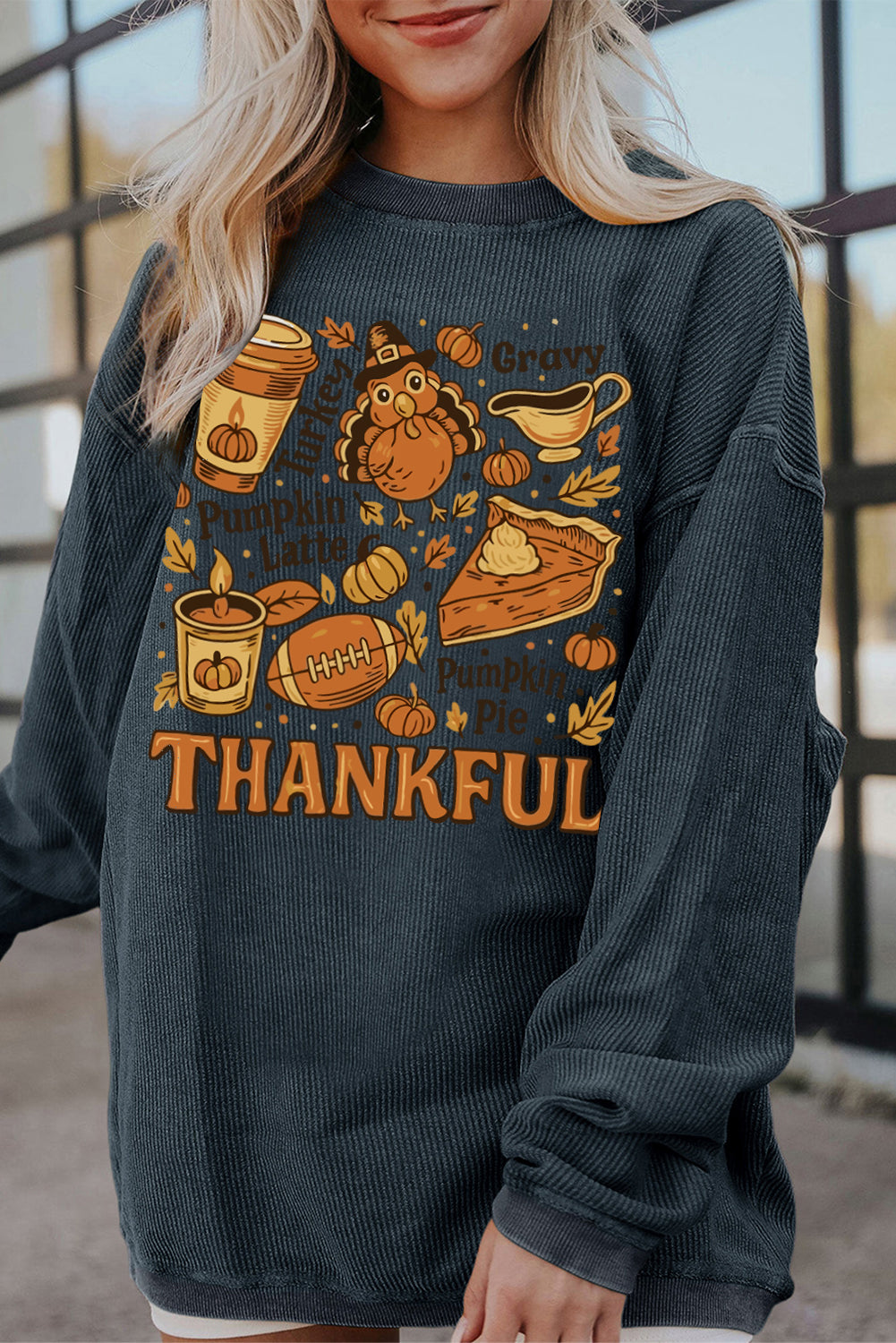 Dark Grey Twisted Ribbed THANKFUL Fall Fashion Printed Baggy Sweatshirt