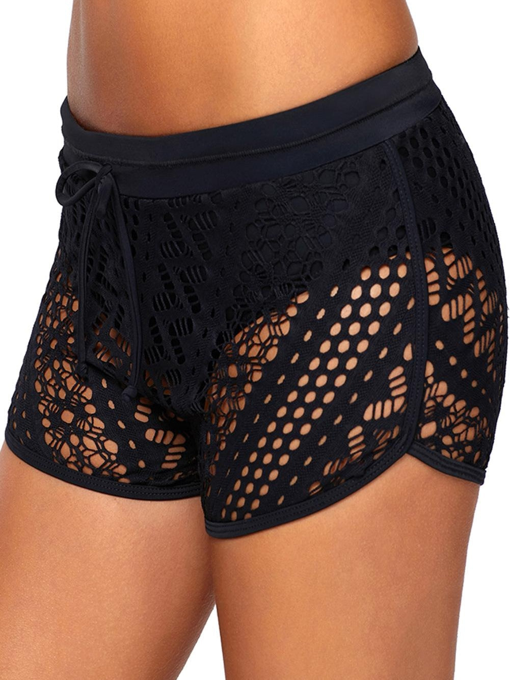 Lace Overlay Black Swim Trunk with Hollow Out Design