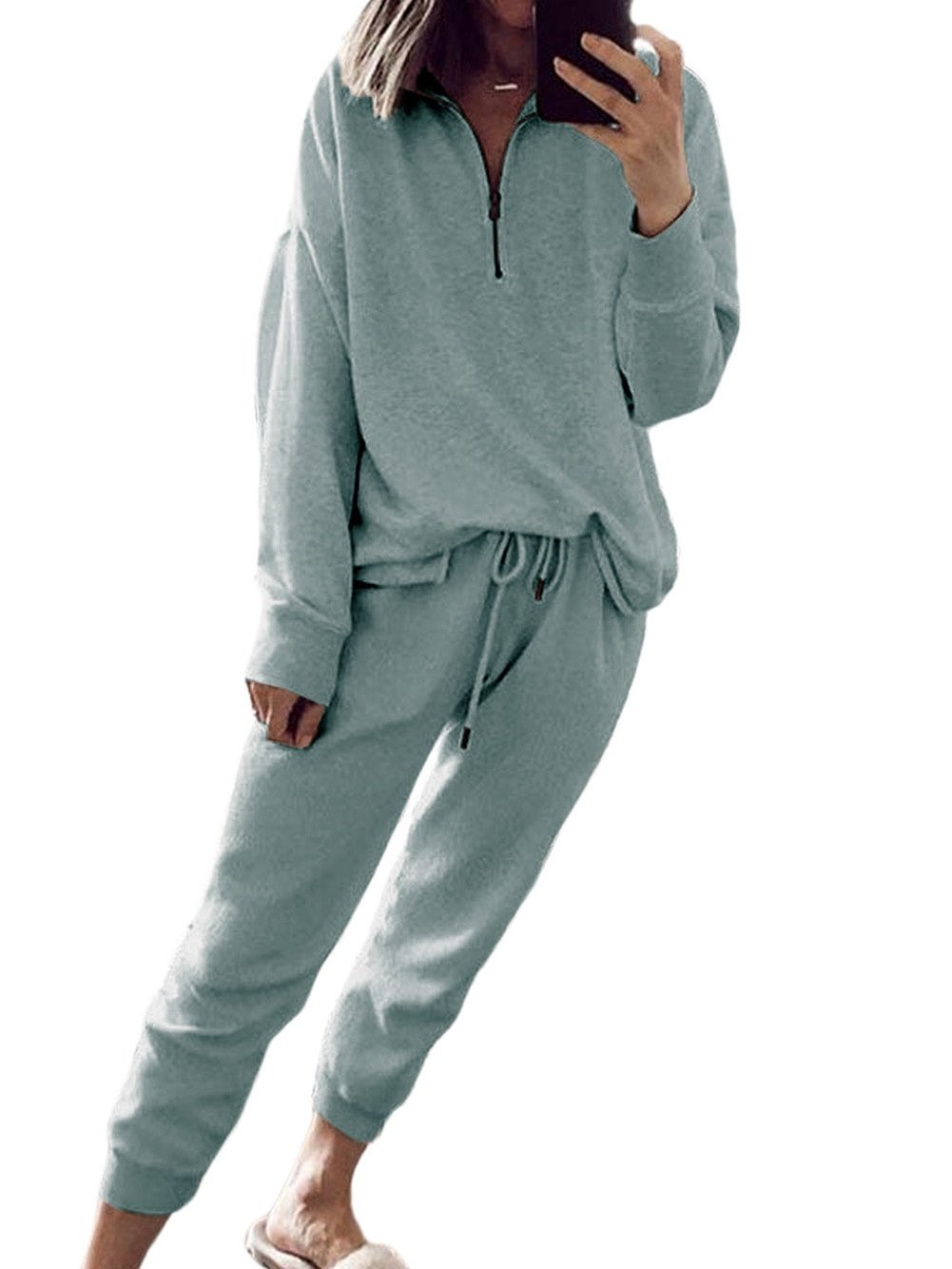 Iceland Blue Cozy Lounge Set with Half Zip Neck and Drawstring Pants