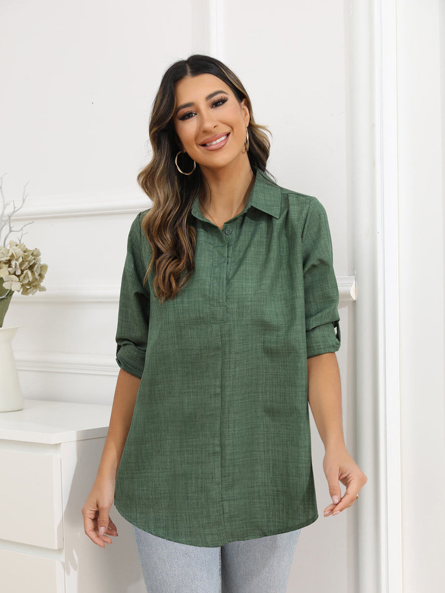 Blouses - Large Size Loose Solid Color Button Long Sleeve Blouse - MsDressly