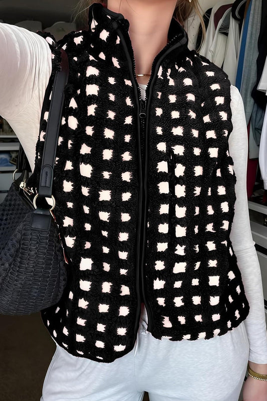 Black Checkered Texture Plush Zip Up Winter Vest