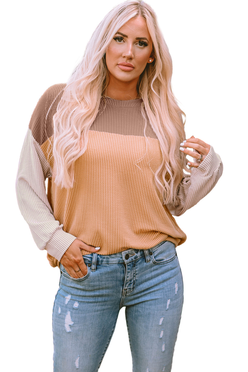 Khaki Color Block Ribbed Top with Long Sleeves