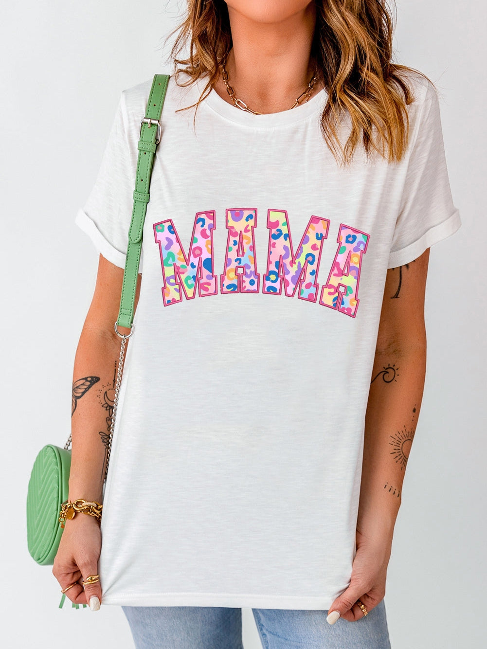 Leopard Embroidered White MAMA Graphic Tee
