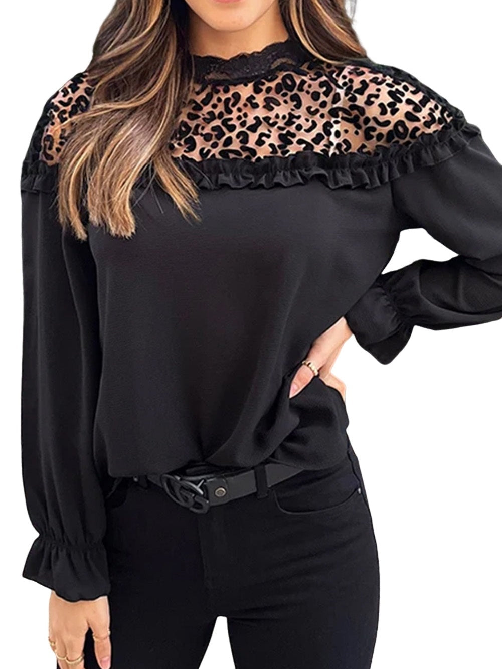 Leopard Mesh Ruffle Sleeve Black Blouse