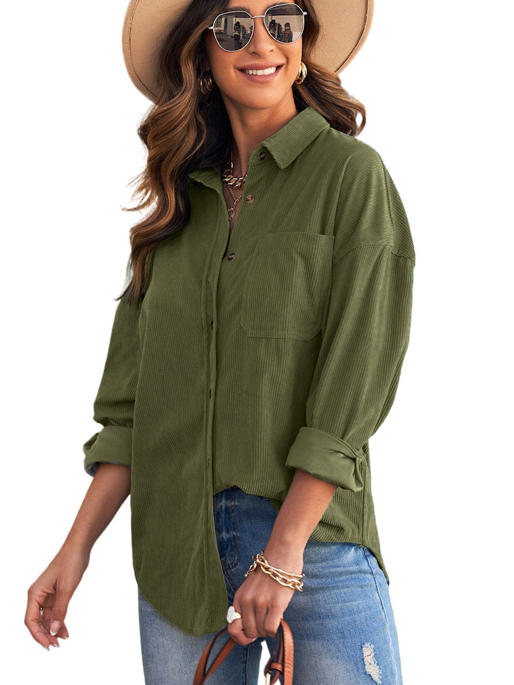 Green Corduroy Button-Up Pocket Blouse