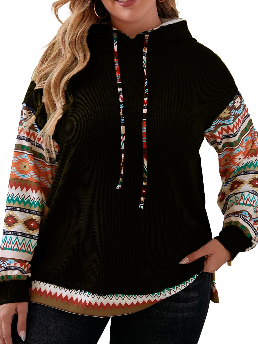 Black Aztec Patchwork Sleeve Waffle Drawstring Plus Hoodie