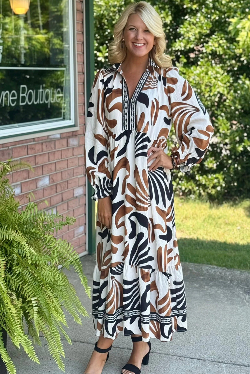 Brown Tropical Printed Contrast Trim Neck Long Sleeve Ruffle Hem Dress