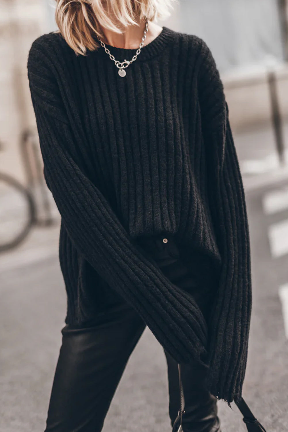 Black Ribbed Knit Raw Edge Distressed Slouchy Sweater