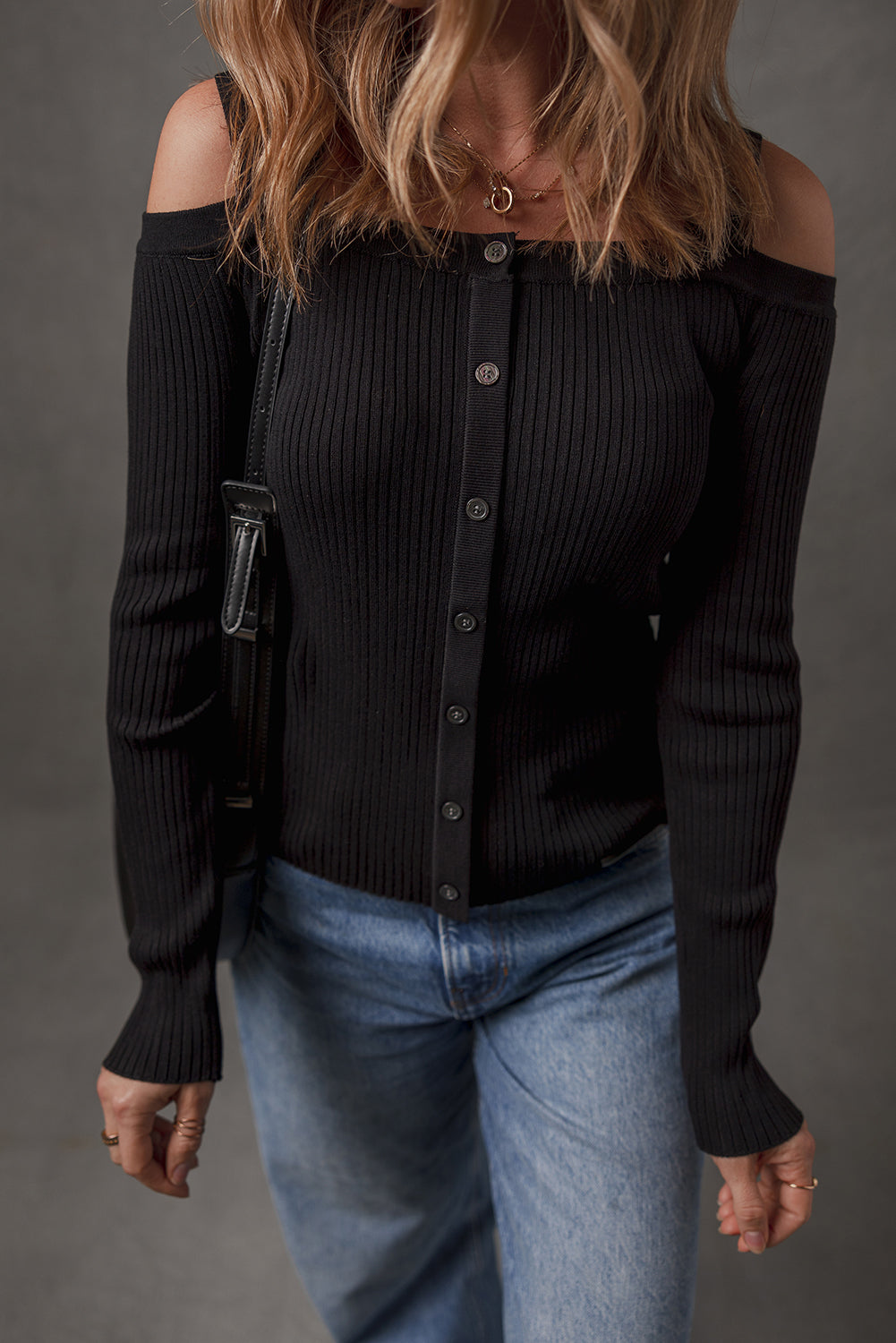 Black Ribbed Knit Cold Shoulder Button Front Sweater