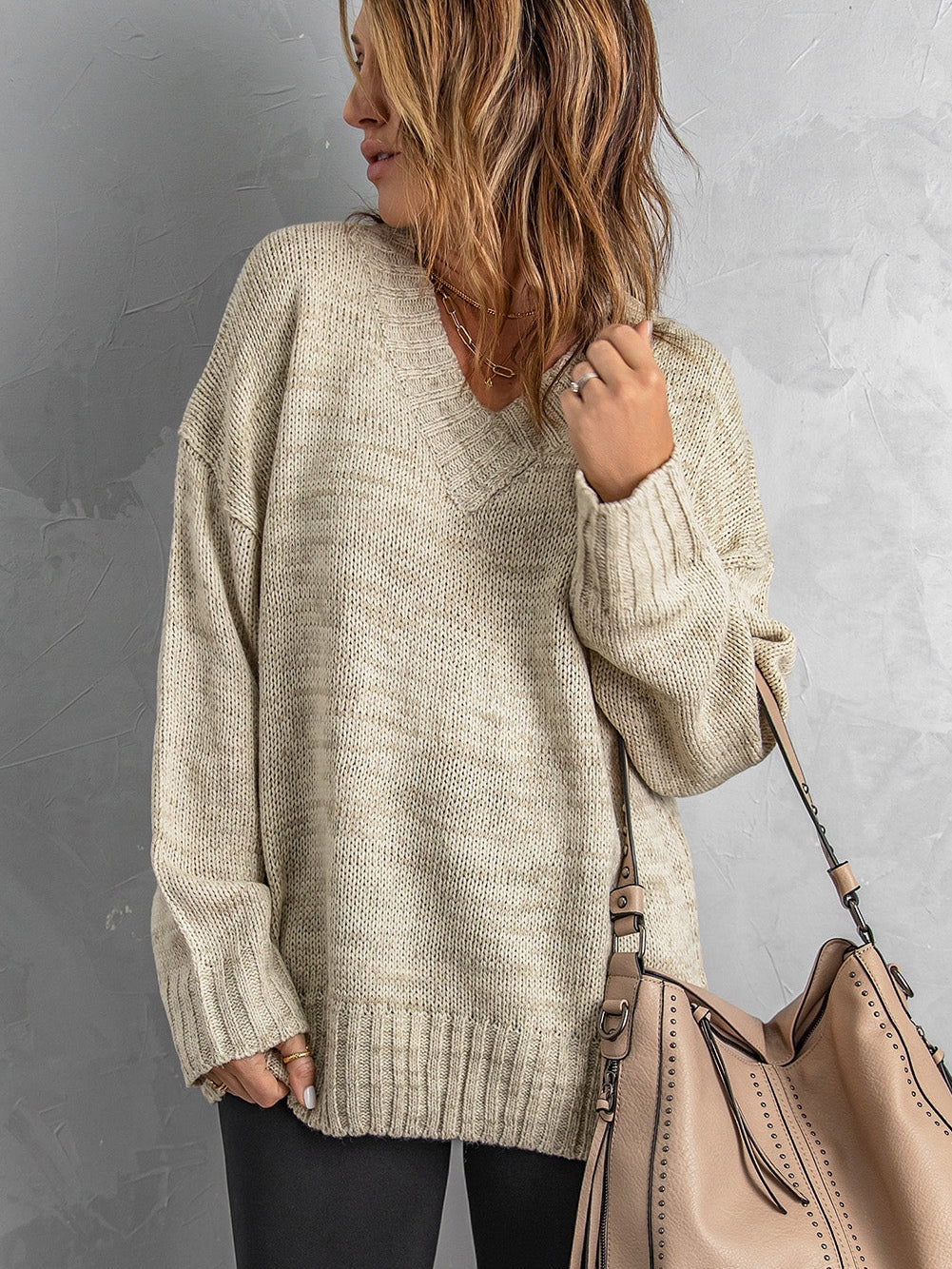 Khaki Drop Shoulder V-Neck Knit Pullover Sweater