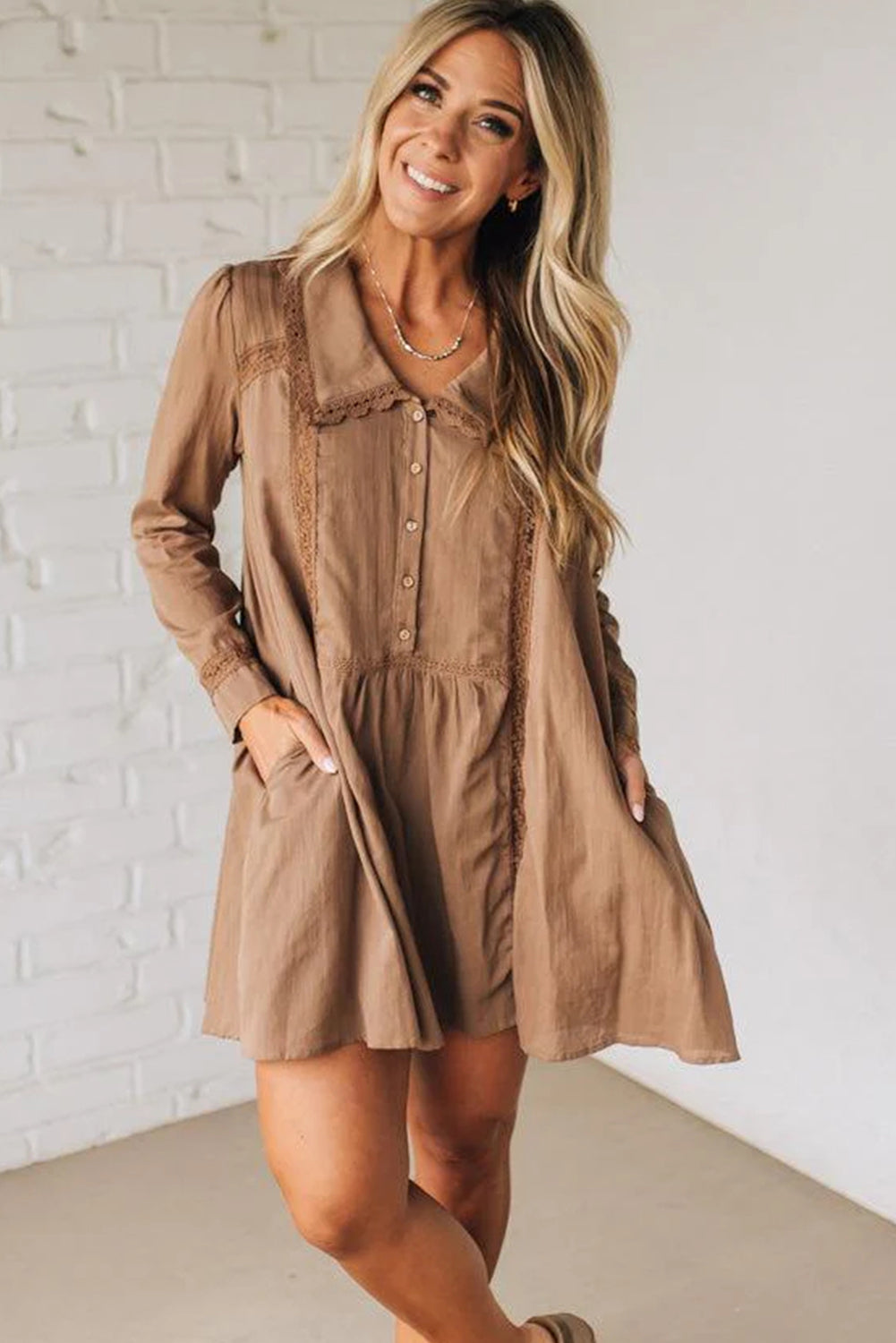 Straw Yellow Lace Trim Peter Pan Collar Long Sleeve Mini Shirt Dress