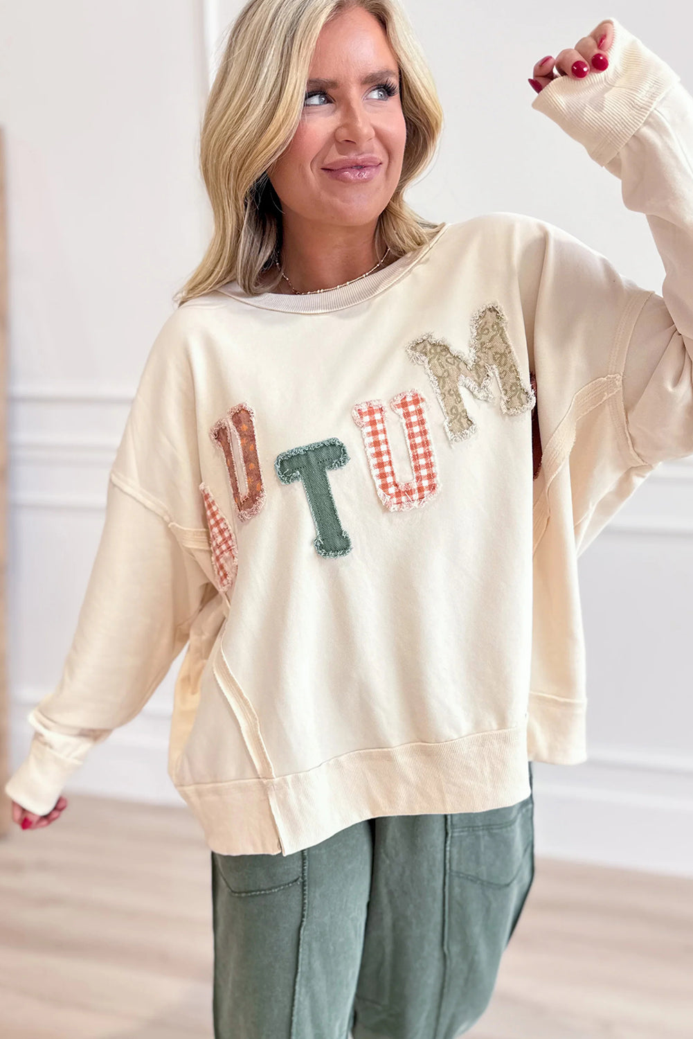 Beige AUTUMN Patched Letter Graphic Pullover Casual Sweatshirt