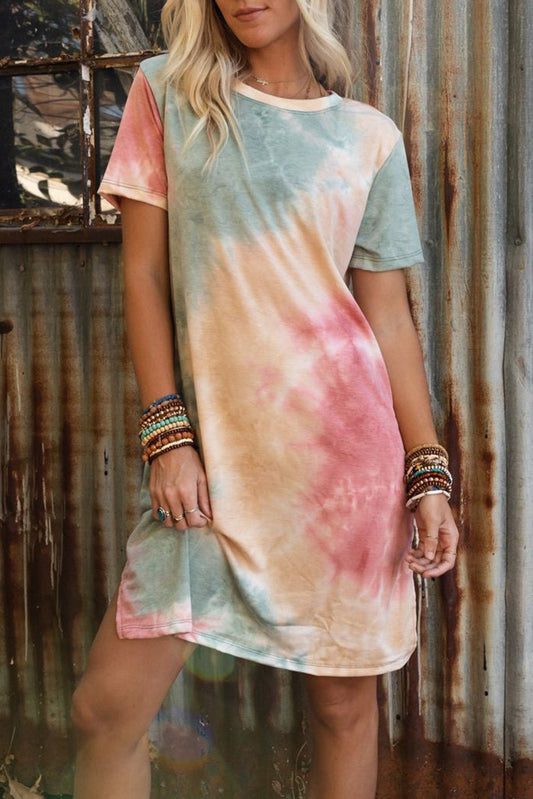 Loose Printed Short Sleeve Zippered V-neck Dress