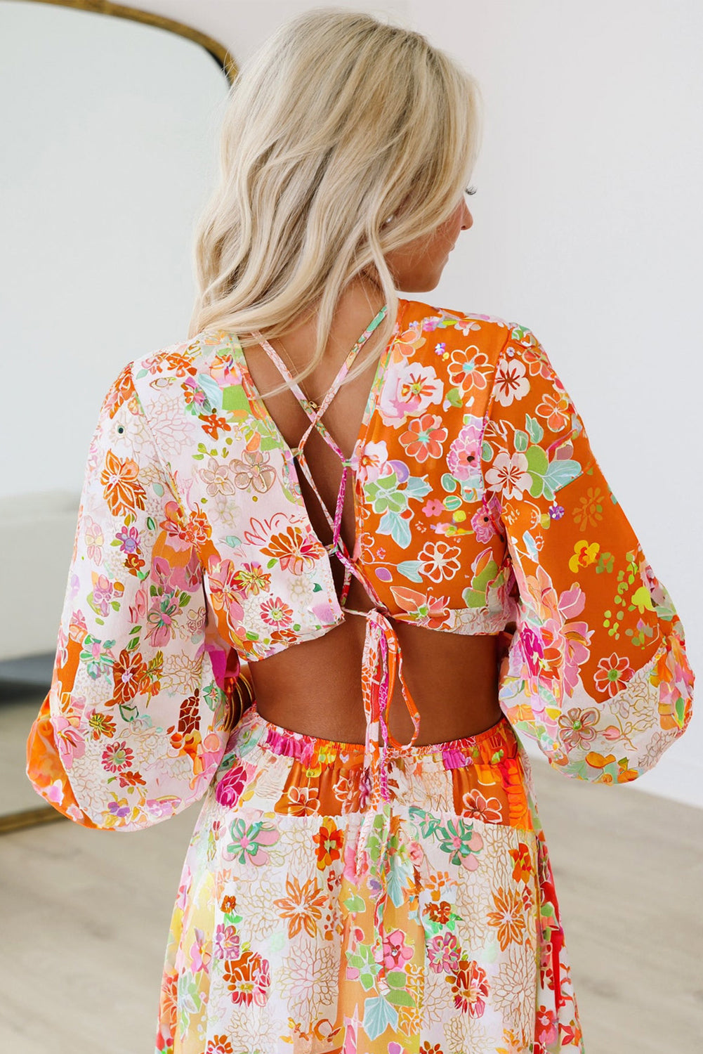 Orange Floral Patchwork Print Cut out Tied Back Bracelet Sleeve Maxi Dress