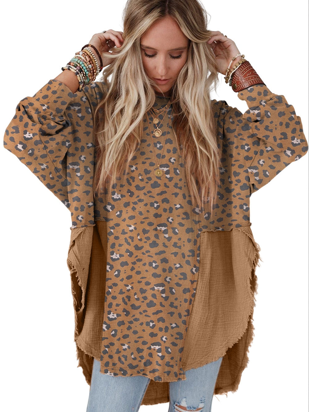 Leopard Patchwork Oversized Brown Blouse with Raw Hem