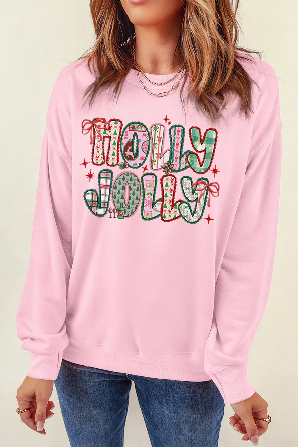 Pink HOLLY JOLLY Cute Holiday Graphic Sweatshirt